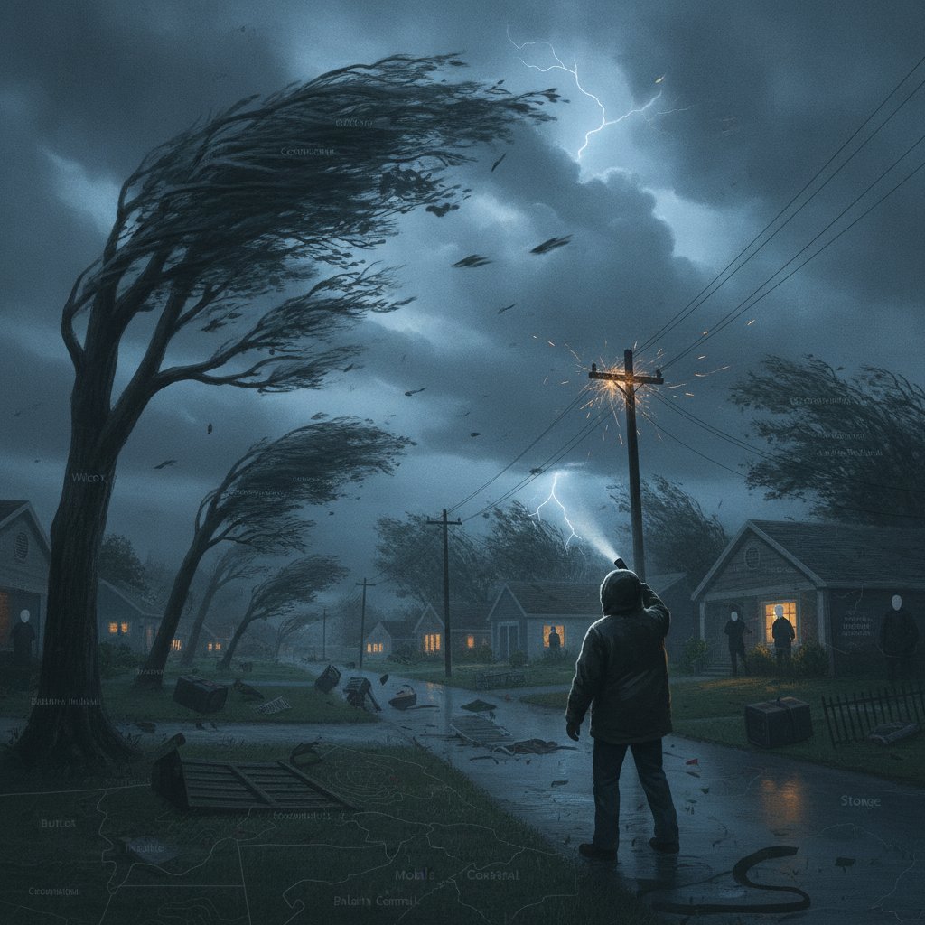 A person stands in a stormy neighborhood with strong winds and lightning, illustrating the Escambia County wind advisory.
